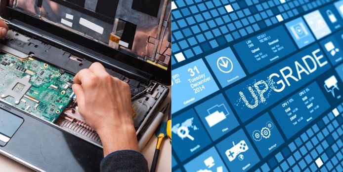 A collage showing hands working on a laptop motherboard on the left and a digital interface with the word 'UPGRADE' among various technology icons on the right.