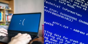 The image is split into two parts: on the left, a laptop displays a sad face emoticon on a blue background, symbolizing a system error; on the right, a close-up of a detailed Blue Screen of Death (BSOD) error message with technical information, including a stop code and driver file. The setting suggests troubleshooting a critical system failure.